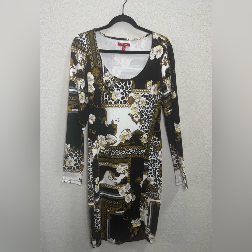 Guess Black and White Long Sleeve Bodycon Dress